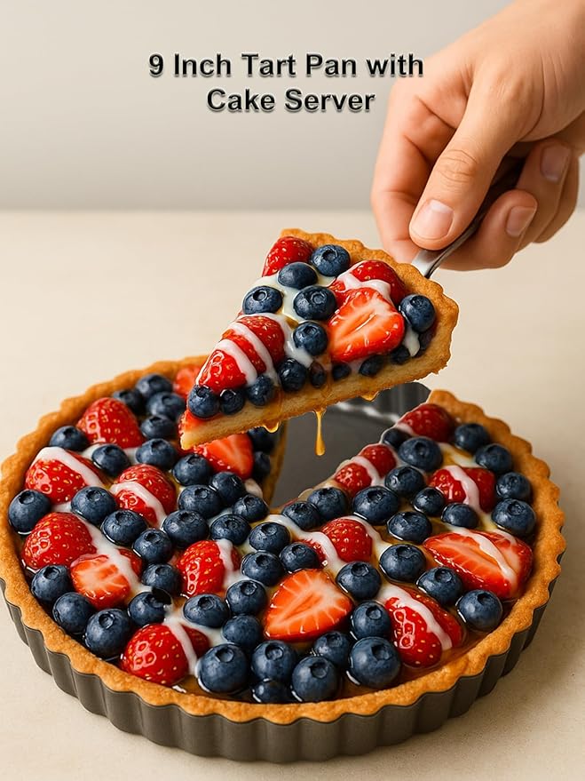 9 Inch Quiche Tart Pans with Pie Cake Server. Removable Bottom, Non-Stick Coating, Rugged Carbon Steel for Tart Quiche Baking. Gift for Women Wife Christmas Thanksgiving Party Festival Family