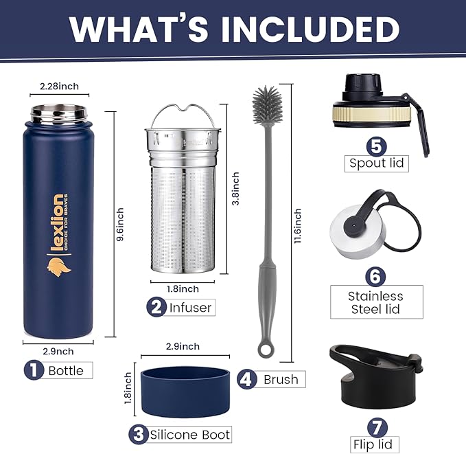 Lexlion Fruit Infuser Water Bottle - 22 Oz, Triple Walled Insulated Stainless Steel, Thermal Leaf Infuser, Silicone Sleeve, 3 Lids Leakproof, Metal Mug