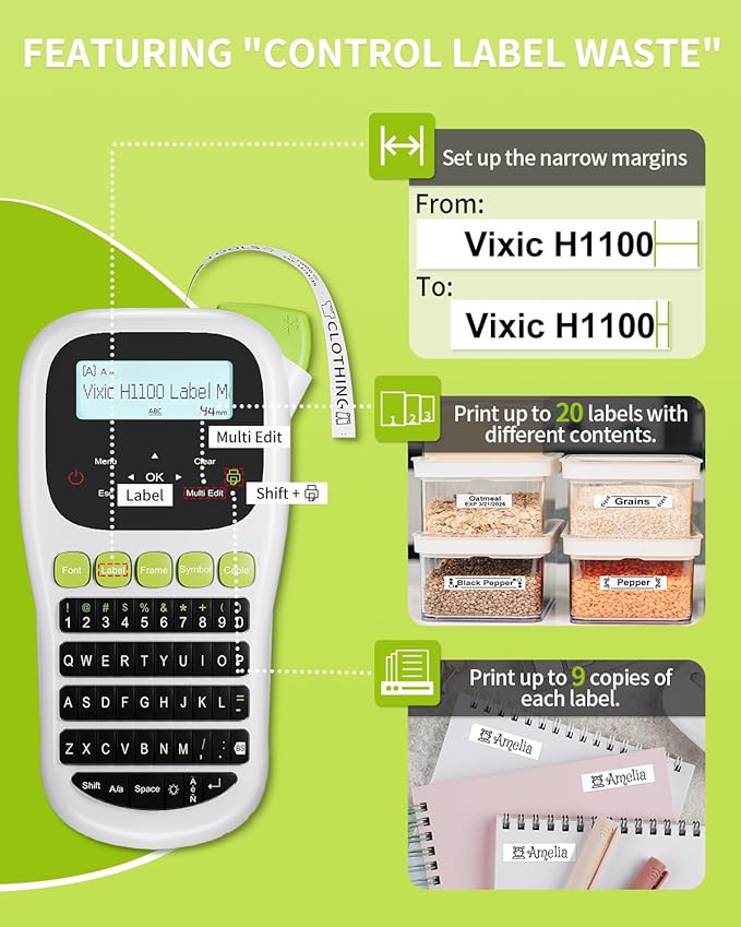 Label Maker Machine with-Tape, H1100 Handheld Label Maker Portable Labeler with Backlight Screen Keyboard for Home School Office Organization, Multiple Fonts Symbols Borders Easy to Use Inkless