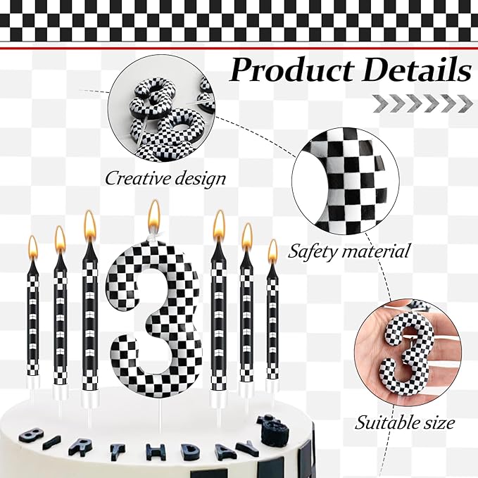 13 Pcs Racing Cars Themed Birthday Candles Black and White Race Number 3 Checkered Candle Cake Topper for Racing Car Party Decoration Supplies (Number 3)