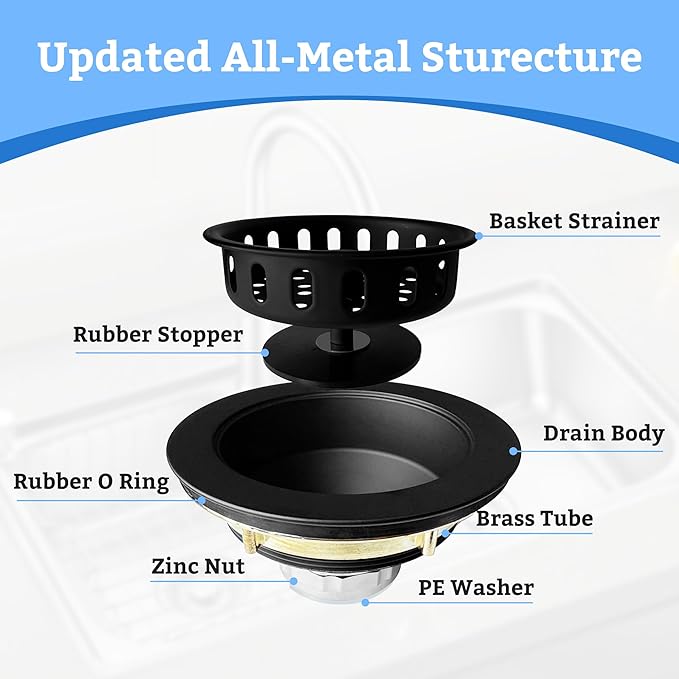 Metal World BS10101MB Post Style Sink Strainer, 3-1/2" Metal Kitchen Strainer, Cast Brass Body Basket Strainer, Strainer with Stainless Steel Basket, Matte Black Finish 1 Pack