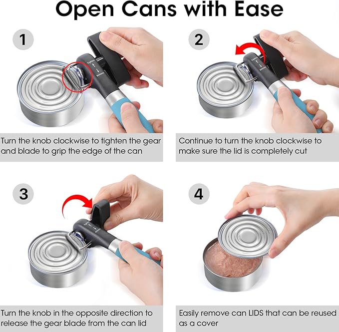 Beneno Can Opener, Manual Side Safe Cut Can Opener Smooth Edge with Durable Sharp Blade, Effort-Saving Knob & Comfortable Non-slip Handle, Aqua