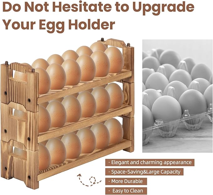 Egg Holder Countertop, 3-tire Solid Wooden Egg Holder, Stackable Egg Storage Basket Holding Up to 36 Fresh Eggs, Chicken, Duck Eggs - Unfinished