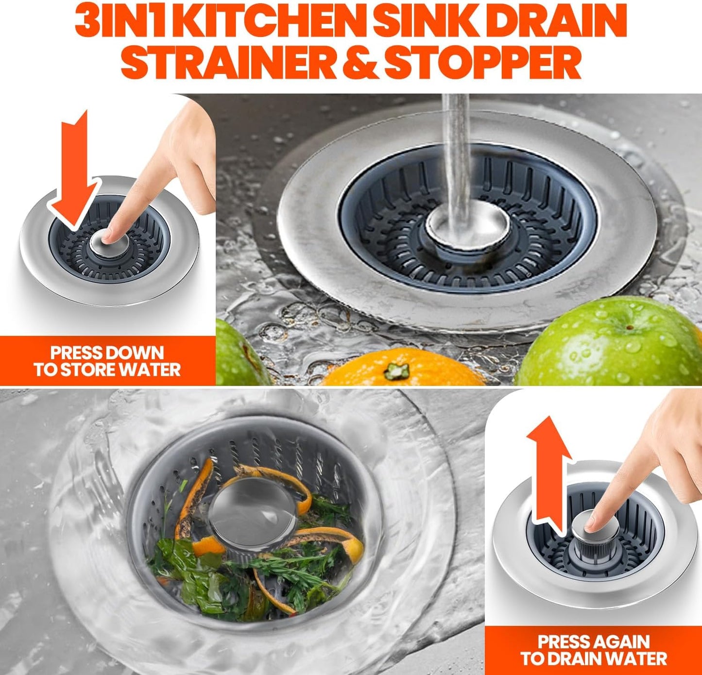 Kitchen Sink Drain Strainer - Upgraded Kitchen Sink Stopper,Sink Stopper Kitchen Drain,Stainless Steel Drain Plug with Anti-Clog Basket Drain Stopper Combo,for Standard 3-1/2'' Drain,Grey