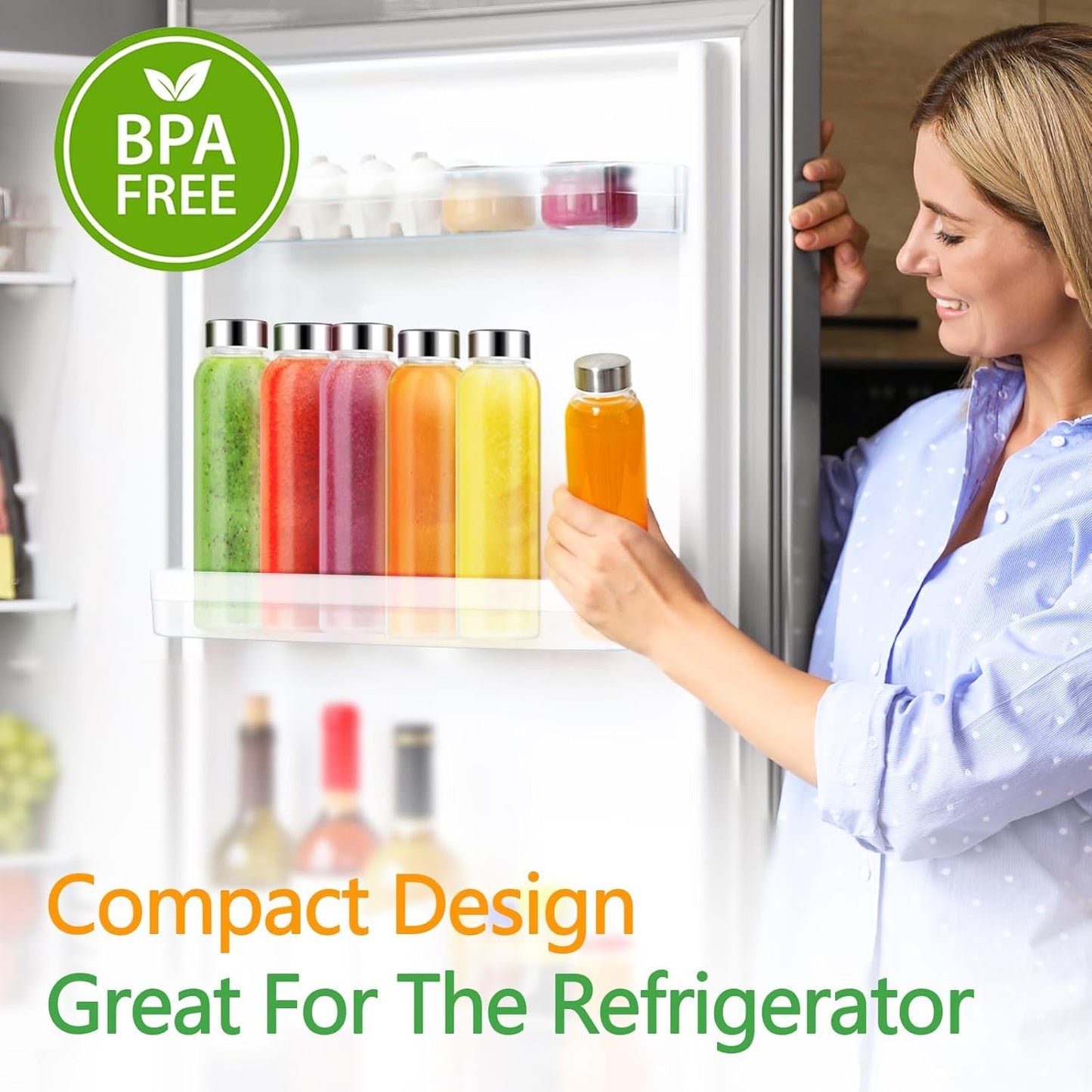 Zukro Glass Water Bottles with Lids 18 oz, Reusable Juice Bottles for Juicing, Leak Proof Juice Storage Containers for Fridge, Clear Drinking Jars With Stainless Steel Caps, BPA Free, Set of 6 Gold