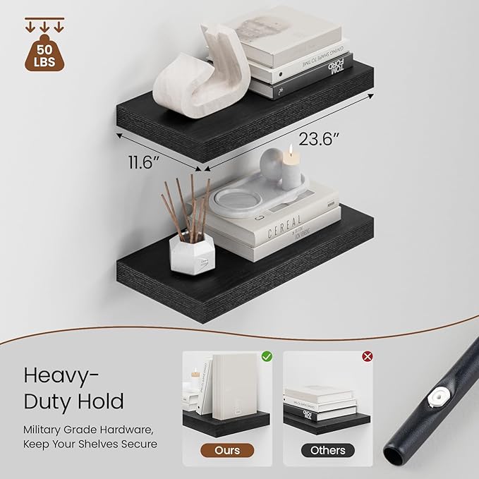 Heimlove 12" Deep Black Floating Shelves for Wall, 24 Inch Wall Shelf Bathroom Shelves Set of 2, Wall Mounted Shelves for Books Living Room Laundry Room Bedroom Kitchen Home Office