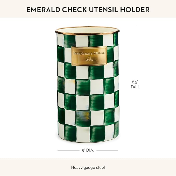 MACKENZIE-CHILDS Enamel Utensil Holder, Kitchen Utensil Holder for Countertop, Green-and-White Emerald Check