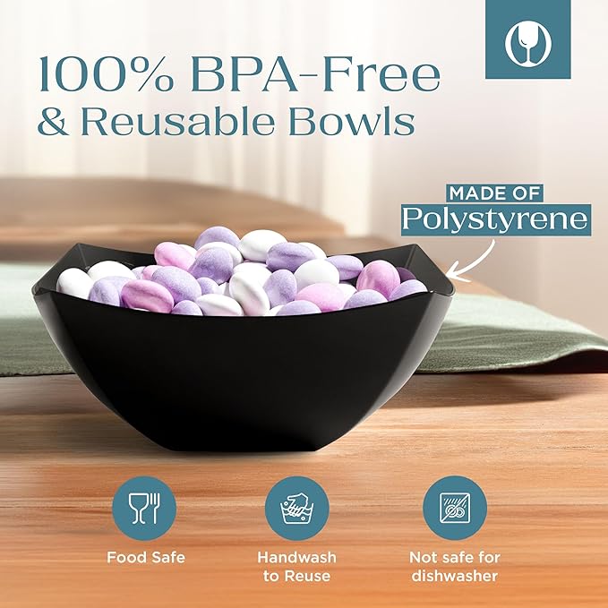 Posh Setting - Black Plastic Serving Bowls (16oz - 4 Pack) Square, Disposable, Salad & Fruit Bowls for Party Table, Candy Containers for Candy Buffet