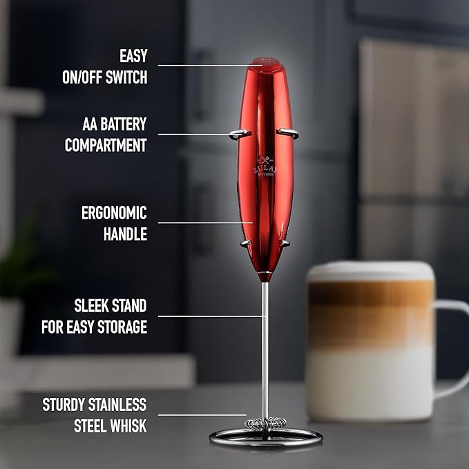 Zulay Executive Series Ultra Premium Gift Milk Frother For Coffee with Deluxe, Radiant Finish - Coffee Frother Handheld Foam Maker - Electric Milk Frother Handheld For Lattes Premium UV Red