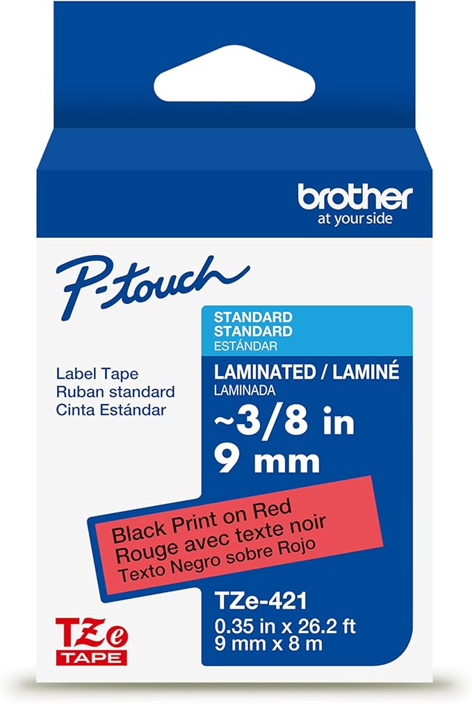 Brother Genuine P-Touch TZe Black Print on Red Label Tape (TZe421), Laminated,3/8in x 26.2ft (9mm x 8m), for Select P-Touch Label Makers, Durable, Water-Resistant, Indoor/Outdoor Use