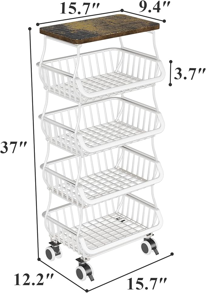 SAYZH Fruit Basket for Kitchen with Wood Top 5 Tier, Stackable Fruit and Vegetable Storage Cart, Wire Storage Basket with Wheels, Vegetable Basket Bins Rack for Onions and Potatoes, White