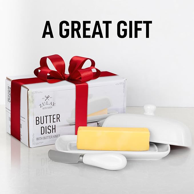 Zulay Butter Dish With Lid For Countertop - Porcelain White, Ceramic Butter Dish with Knob Handle Great for Cooking - Elegant Design Butter Holder - Durable & Sturdy Butter Keeper - White