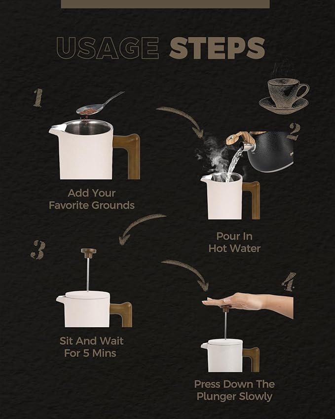 POLIVIAR French Press Coffee Maker, 34 Ounce Coffee Press with Real Wood Handle, Double Wall Insulation & Dual-Filter Screen, Food Grade Stainless Steel for Good Coffee and Tea JX2023-FPLM