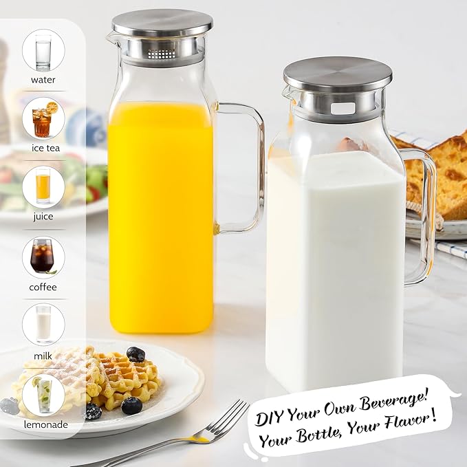 Netany 2 Pack 2 Liters/68 oz Square Glass Pitcher with Lid and Handle for Fridge, Iced Tea and Coffee Carafe Beverage Serveware, Heat Resistant Borosilicate Water Jug for Hot/Cold Drinks and Milk