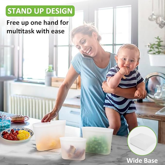 Reusable Storage Bag, 8 Pack 100% Silicone Food Storage Bags Stand Up Silicone Zip Lock Bags for Food Container, Freezer Microwave Oven Dishwasher Safe, 4 Medium 2 Small 2 Extra Small, Translucent