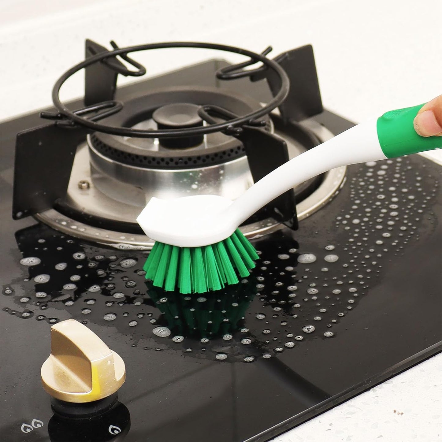 Dish Brush with Handle, 2 Pack Scrub Brushes with Built-in Scraper for Cleaning Kitchen, Pots, Pans and Sink, Scrubber Washing Tools, Green