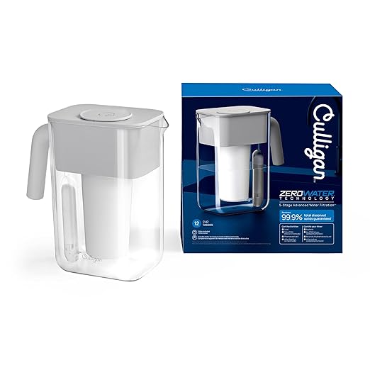 Culligan with ZeroWater Technology 12-Cup Water Filter Pitcher – Includes 5-Stage Advanced Water Filter, IAPMO Certified to Reduce Lead, Total PFAS (Forever Chemicals), Mercury, Fluoride, and Chlorine