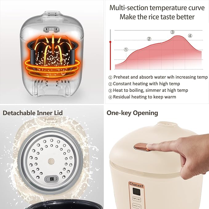 CHACEEF Mini Rice Cooker 2 Cups Uncooked, 1.2L Rice Cooker Small, Portable Non-Stick Small Travel Rice Maker, BPA Free, Smart Control Multifunction Cooker with 24 Hours Timer Delay & Keep Warm Function, Beige