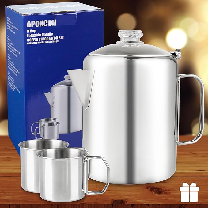 Coffee Percolator Bundle with 2 Mugs Stainless Steel Coffee Maker with Heat Resistant Tough Glass Knob & Foldable Handle Using on any Stovetop Outdoor Camping NO Aluminum NO Plastic (8 Cup)