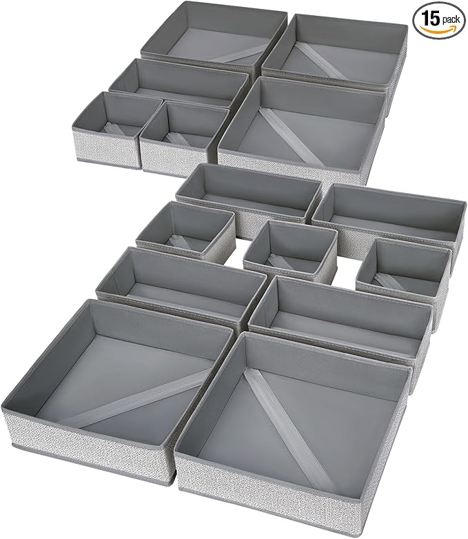 DIMJ Drawer Organizers Cloths, Closet Underwear Organizer, 15 Packs Foldable Closet Organizers, Sock Drawer Organizer, Fabric Dresser Drawer Dividers for Clothes Underwear Bras Socks