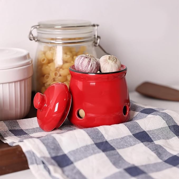 HAOTOP Ceramic Mini Garlic Keeper with Lid, Garlic Container Saver for Countertop, Keep Your Garlic Cloves Fresh (Red)
