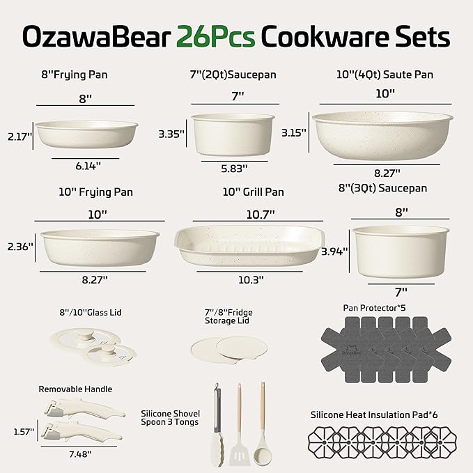 26 Pcs Pots and Pans Set Non Stick, Ceramic Cookware Set Non Toxic with Detachable Handles, Healthy Induction Cookware Dishwasher Oven Safe RV Kitchen Set, PFAS PFOA & PTFE Free, Cream White