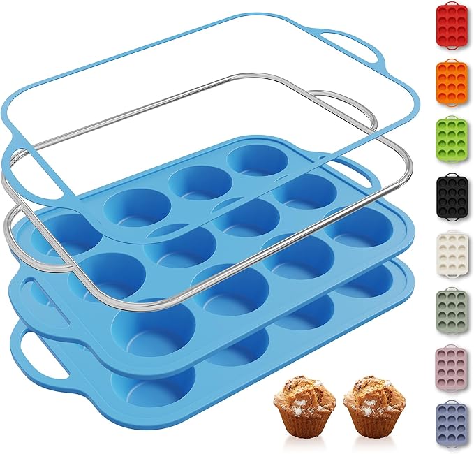 2 Packs 12 Cups Silicone Muffin Pan with Metal Reinforced Frame Regular Size Cupcake Pan Tray Egg Bites Silicone Circle Cookie Molds Muffin Tin Tart Pans Baking Sheet Set for Breakfast Sandwiches