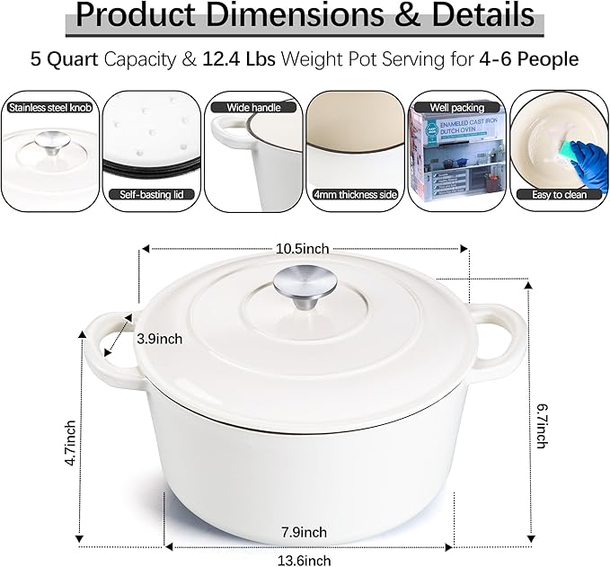 E-far Dutch Oven Pot with Lid, 5 Quart Enameled Cast Iron Round Dutch Oven Stockpot for Bread Baking/Braising/Cooking/Roasting/Stewing, Heavy Duty Nonstick Cookware Safe for Induction & Oven - White