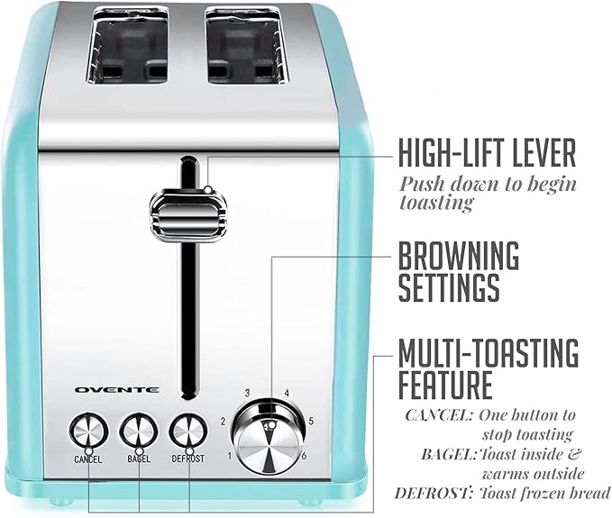 OVENTE Electric 2 Slice Toaster Machine with 6-Shade Browning Selector Setting, Cancel, Defrost, Bagel Buttons, Removable Crumb Tray and Extra Wide Slots for Toasting Breads & More, Turquoise TS2450T