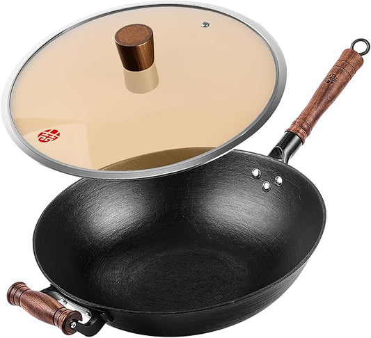 WANGYUANJI 13.4 Inch Cast Iron Wok with Glass Lid – Traditional Flat Bottom Chinese Wok, Heavy Duty Non-Coated Pan for Gas, Induction & Electric Stovetops, Black