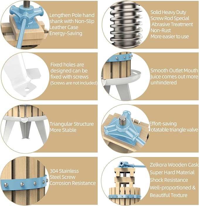 SQUEEZE master Fruit Apple Cider Wine Press-Blue-3.17 Gallon/12L-Solid Wood Basket-Vintage traditional juicer-Pole Handle Bar for Juice,Wine-1 free filter bag included