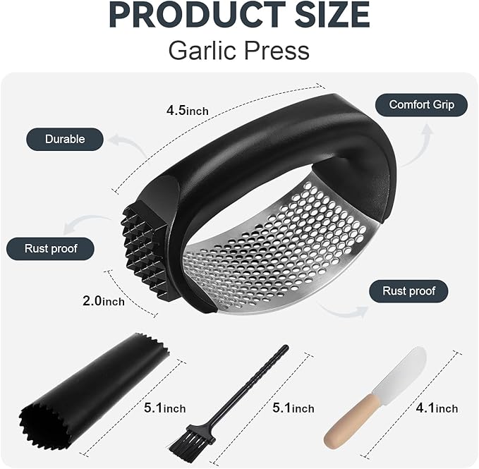 2 Pack Garlic Press Rocker Set – Innovative Stainless Steel Garlic Mincer & Crusher with 2 Peelers, 2 Scrapers, and 2 Brushes for Effortless Garlic Prep | Complete Garlic Tool Kit (BLACK)