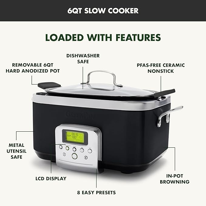 GreenPan Elite 14-in-1 Programmable 6QT Electric Slow Cooker, Dishwasher Safe Lid & Removable Crock, PFAS-Free Healthy Ceramic Nonstick Multi-Cooker, Sear, Sauté, Brown, Steam Basket, Roast, Black