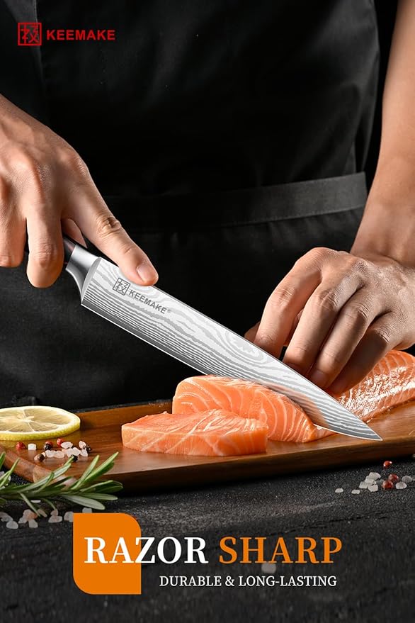 KEEMAKE 8 Inch Carving Knife - Ultra Sharp Slicing Knife High Carbon Stainless Steel Blade & Ergonomic Handle for Meat Cutting BBQ Turkey Ham Gift Box Included