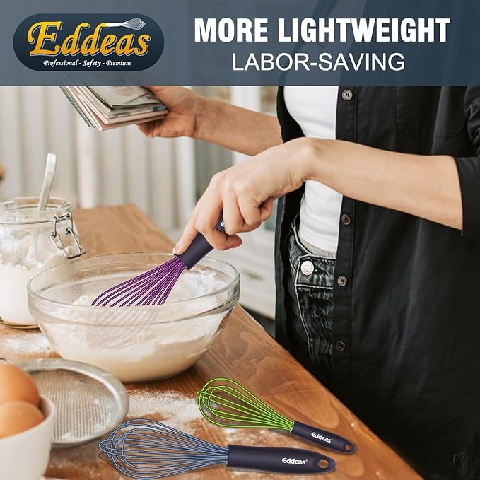 Whisk Eddeas Silicone Whisk Set of 6.Silicone whisks for cooking non Scratch.BPA Free and Dishwasher Whisk.7+9+11inch Colorful Wisk Great for cooking and Baking.（6pcs ）