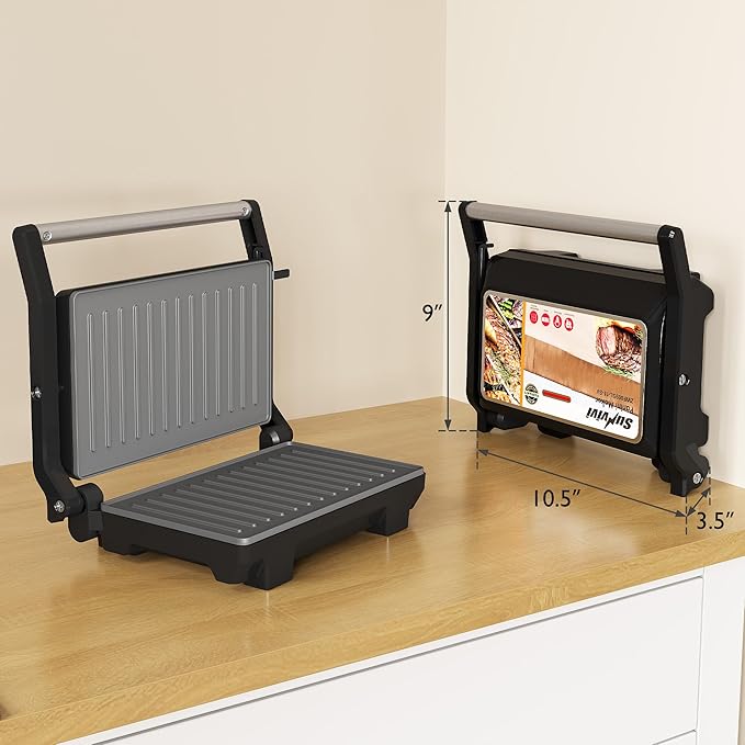 Sunvivi Panini Press Sandwich Maker: Electric Panini Press Grill with Locking Lid, Portable Indoor Panini Maker with Nonstick Plates, 1000W Double-sided Grill with 180° Flat Opening, Easy to Clean