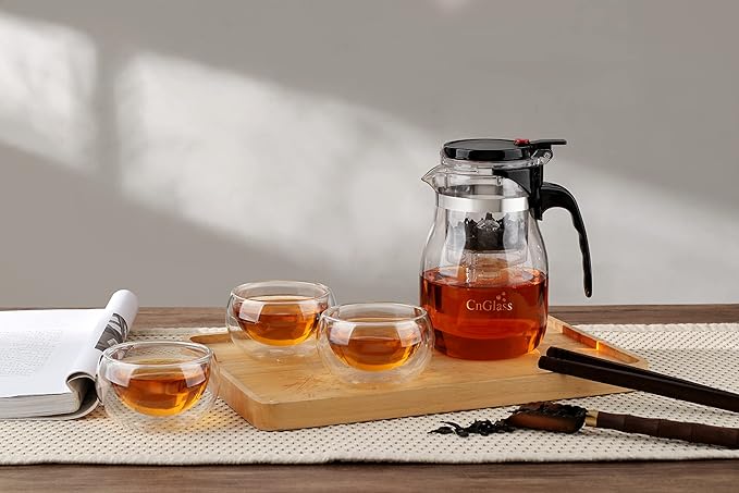 CNGLASS Glass Teapot with Removable Infuser,25oz Clear Tea Kettle with One Button Press to Filter the Tea Soup,Loose Leaf and Blooming Tea Maker