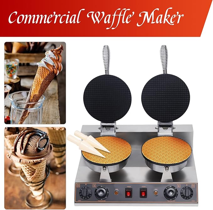 Waffle Cone Maker Non-stick Ice Cream Cone Maker, 1200W 8.19'' Stainless Steel Non-Stick Egg Roll Cone Baker Waffle Roll Maker, for Restaurant, Home Kitchen, Bakeries, Snack Bar Use