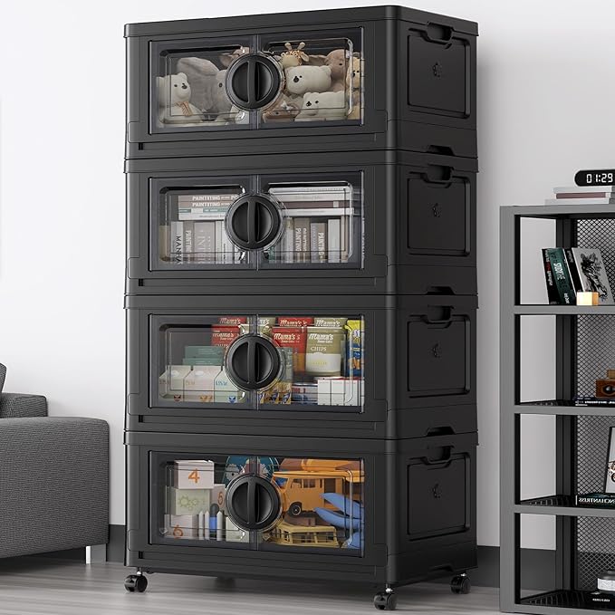 480Qt Lockable Stackable Storage Bins with Lids, Closet Organizers and Storage Drawer, Collapsible Storage Bin with Wheels, Plastic Cabinet for Toy Clothes Dorm Organizer, V9 4 Pack Black