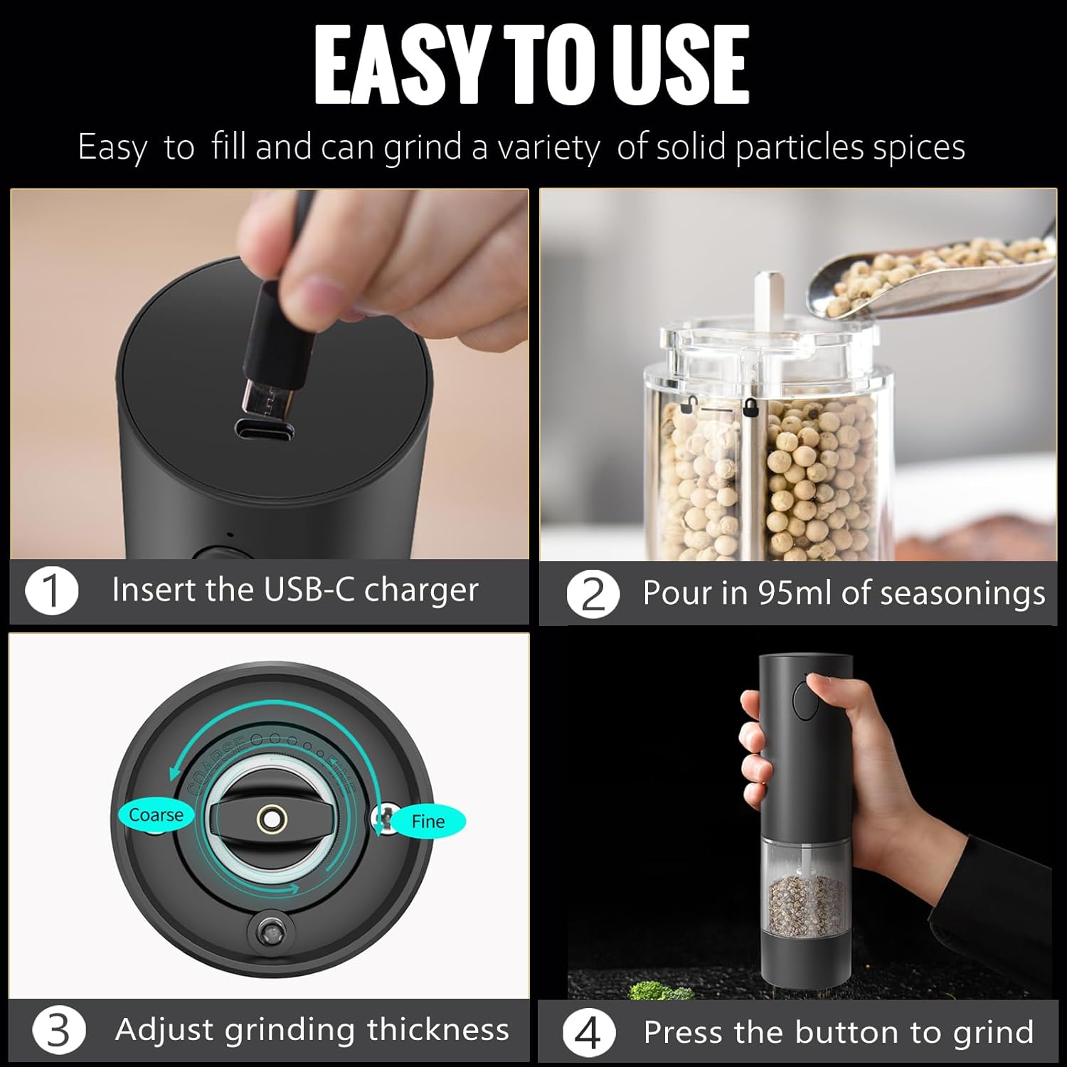 Electric Salt and Pepper Grinder Set, Rechargeable Automatic Salt and Pepper Grinder Set, One Hand Operation with LED Light, Adjustable Coarseness, Refillable, 95ml, Black (2 Pack)