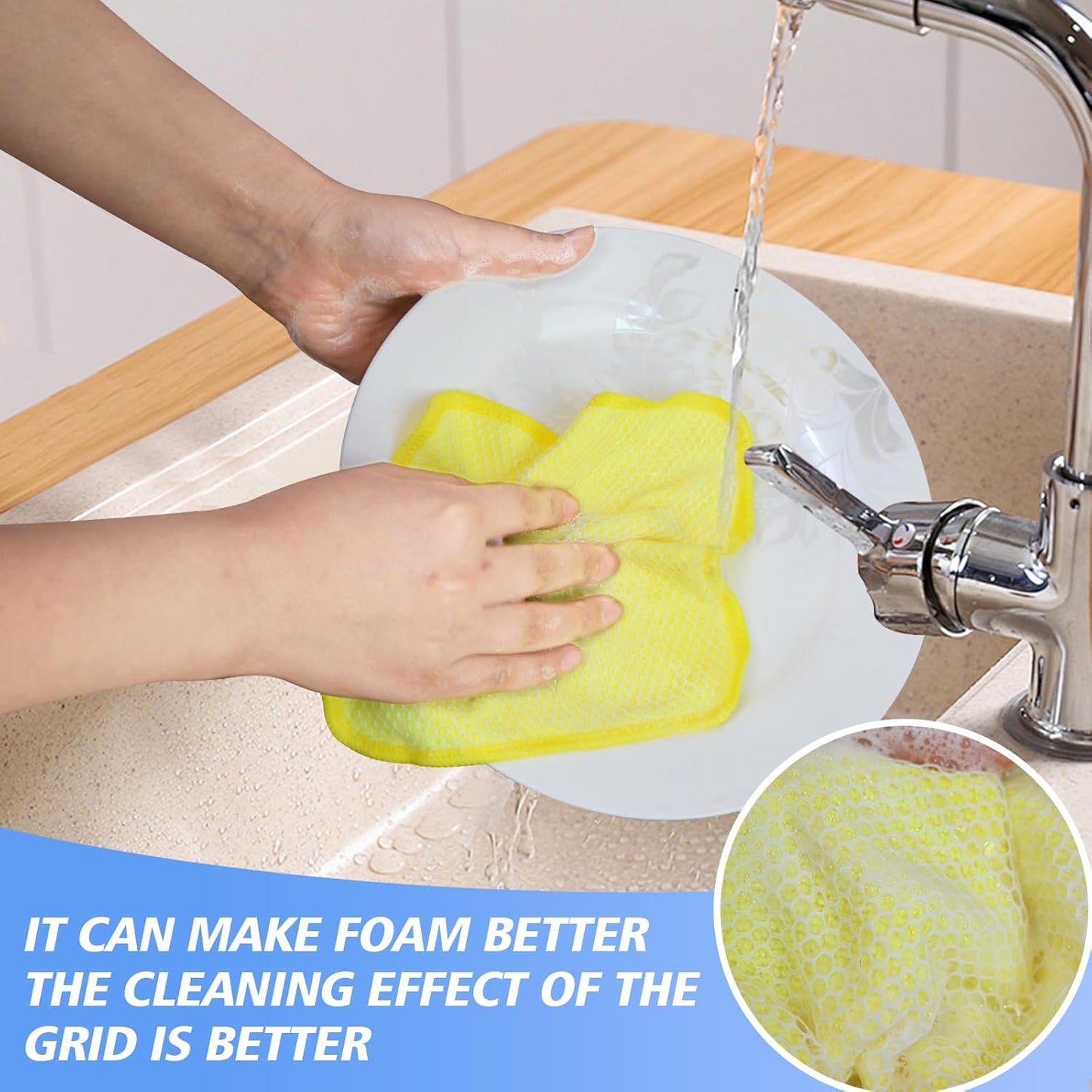 KinHwa Kitchen Washcloths for Dishes Absorbent Microfiber Dish Cloths Quick Dry Dish Rags with Poly Scour Scrub Side Ideal for Kitchen Cleaning (Yellow, 7inchx7inch 9 Pack)