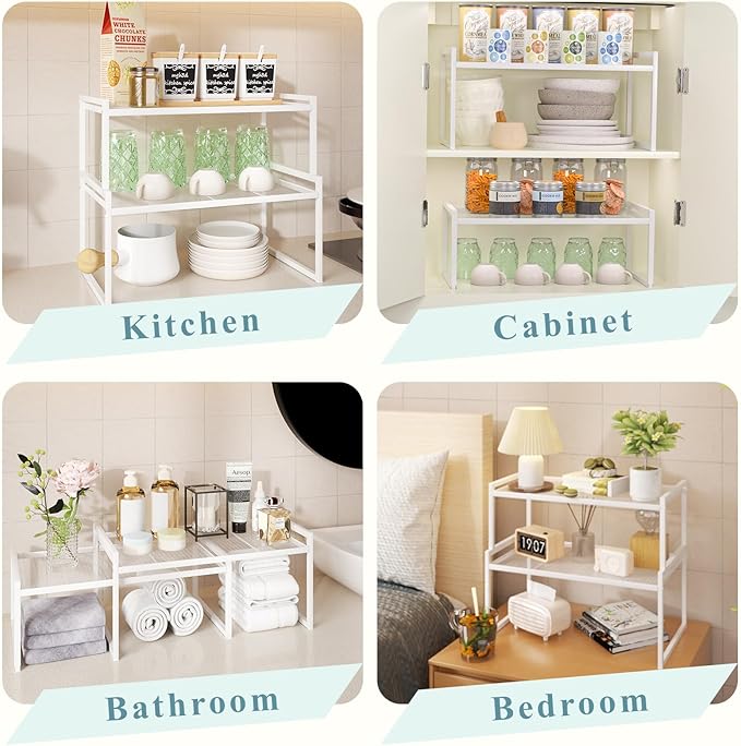 Set of 2 Kitchen Cabinet Organizer Shelf Stackable Sturdy Metal Counter Countertop Pantry Storage Rack