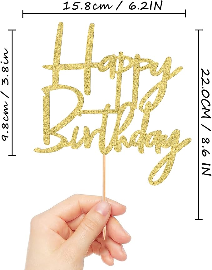 Happy Birthday Cake Topper - Glitter Gold Birthday Cake Top Decorations (Gold)