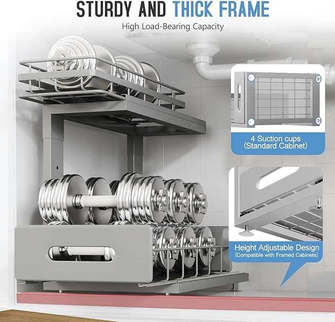 2 Pack Under Sink Organizer Upgrade to Professional Rails,2-Tier Dual Pull Out Cabinet Storage,Height Adjustable Slide Out Drawers for Bathroom Kitchen,Under Sink Shelf-Gun Gray