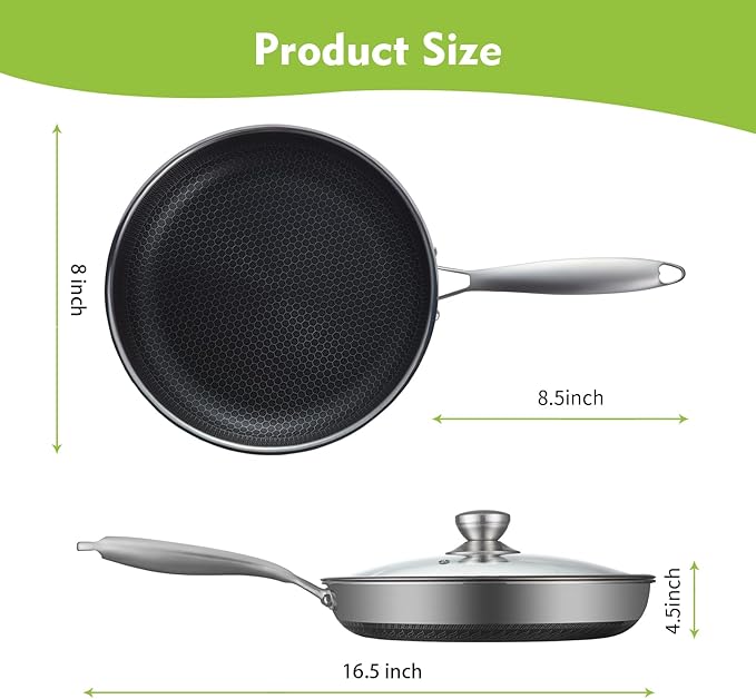 Nonstick Stainless Steel Frying Pan, 8 Inch Hybrid Frying Pan with Lid, Dishwasher and Oven Safe, PFOA Free, Home Use for All Stoves