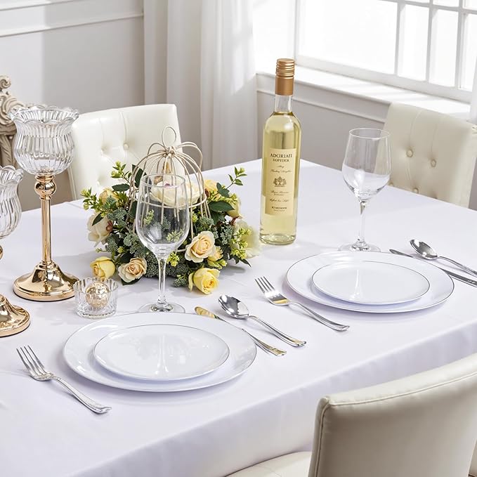 KIRE 200PCS Silver Plastic Plates - White Plastic Plates with Silver Rim Include 100 Dinner Plate and 100 for Dessert/Salad Plate for Birthday/Wedding/Party