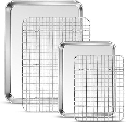P&P CHEF 16 + 10.4 Inch Baking Sheet and Rack Set, Stainless Steel Cookie Sheets Oven Baking Pans Trays with Cooling Racks for Cooking & Roasting, Oven & Dishwasher Safe, (4Pcs)