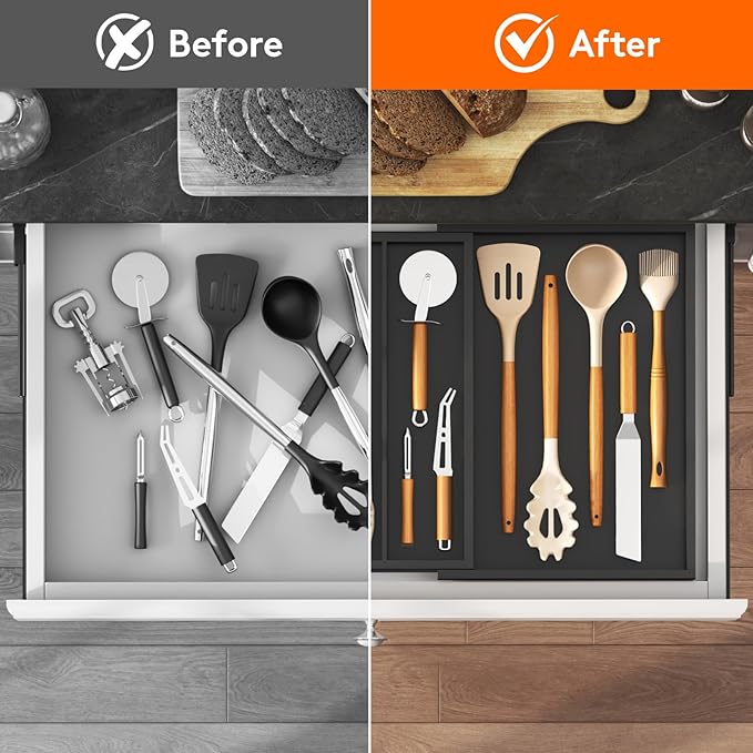 Lifewit Utensil Drawer Organizer, Expendable Cooking Silverware Tray for Kitchen Drawer, Bamboo Adjustable Cutlery Flatware Holder, Spatula Tools and Gadgets Storage Divider, 4 Compartments, Black