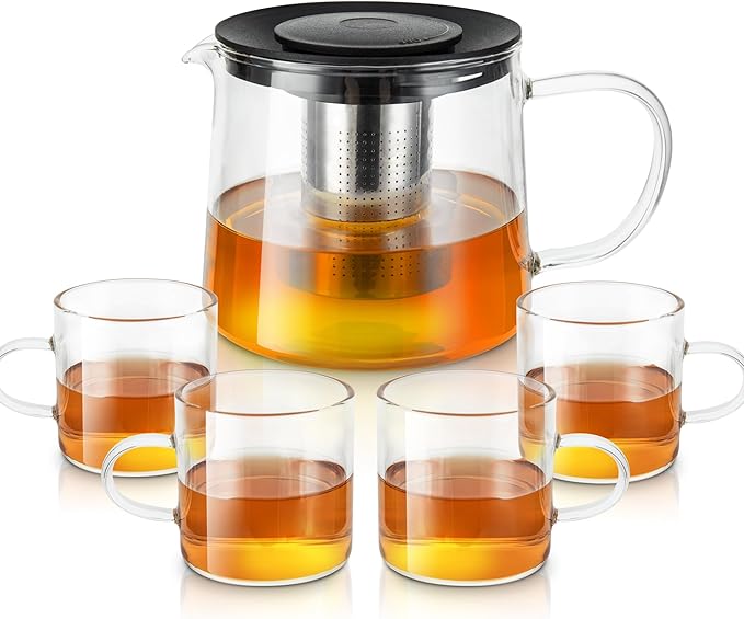 Glass Teapot 34oz/1000ml with 4 Pack Tea Cups Gift Set, Removable Stainless Steel Infuser, Heatproof Borosilicate Glass, Stovetop Safe for Loose and Blooming Leaf Tea
