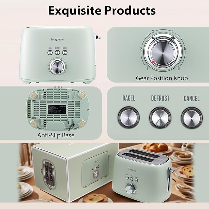 2-Slice Toaster 1.5" Extra Wide Slot Stainless Steel with High Lift Lever, 6 Presets & Bagel/Defrost/Cancel Function, Removal Crumb Tray, Under Base Cord Storage, Green